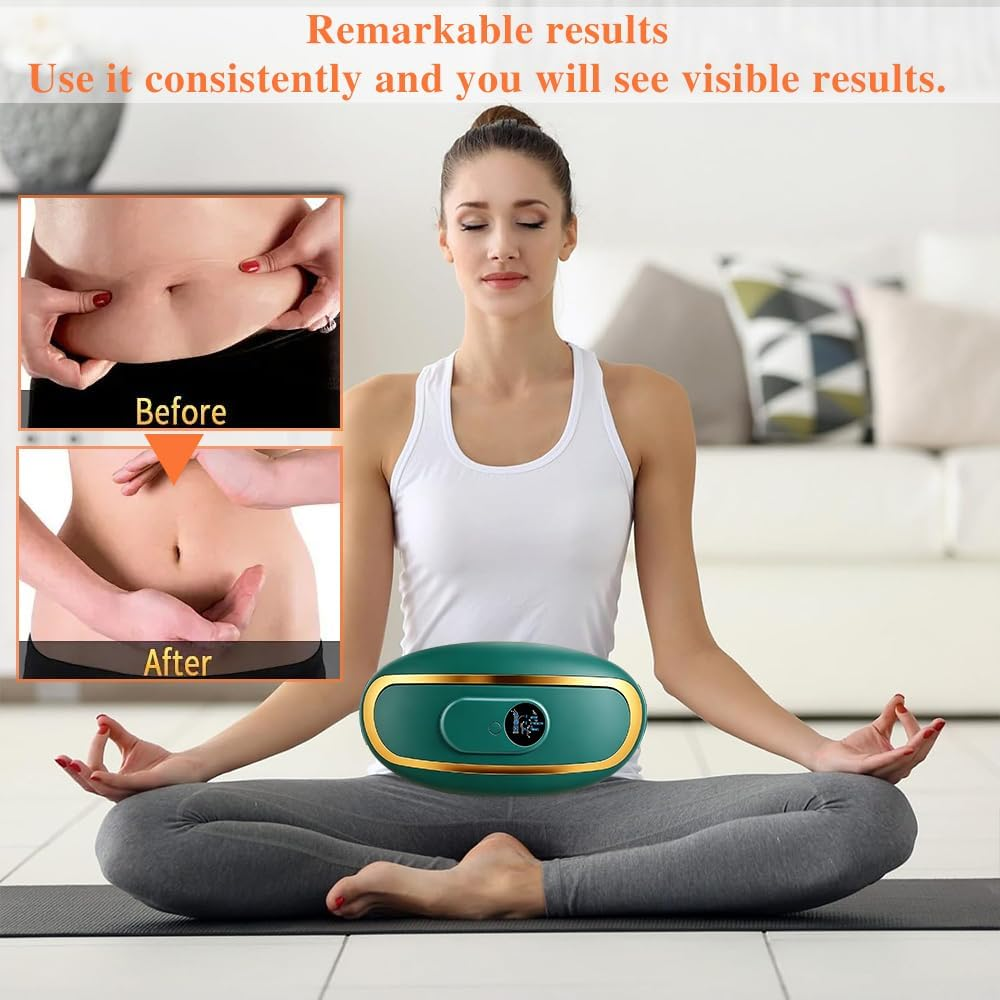 Frau in Meditationspose mit Bauchmassagegerät. Vorher/Nachher-Bilder daneben.