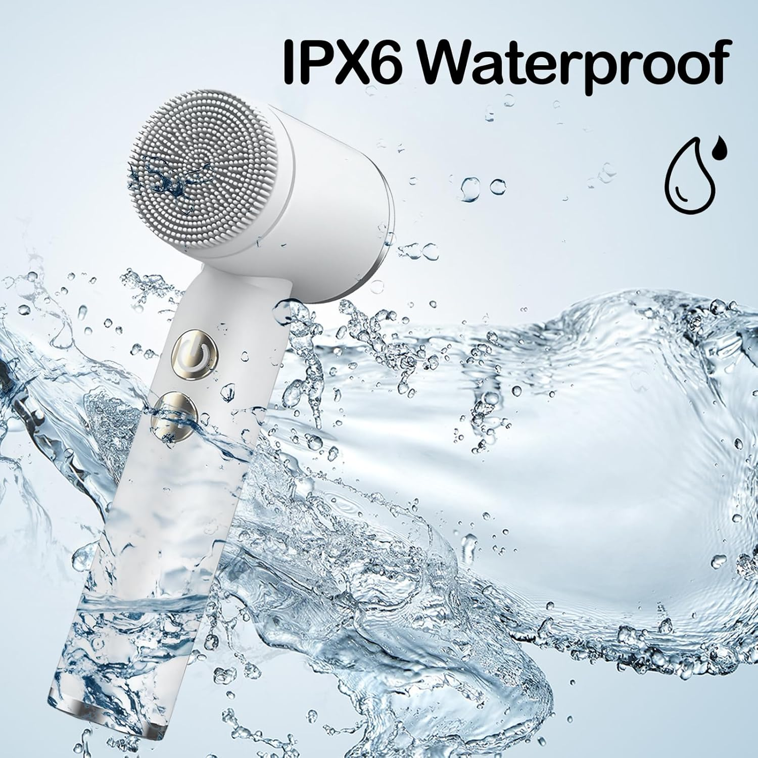 Ein weißes, wasserdichtes IPX6-Gesichtsreinigungsgerät mit Bürstenkopf in Wasser.