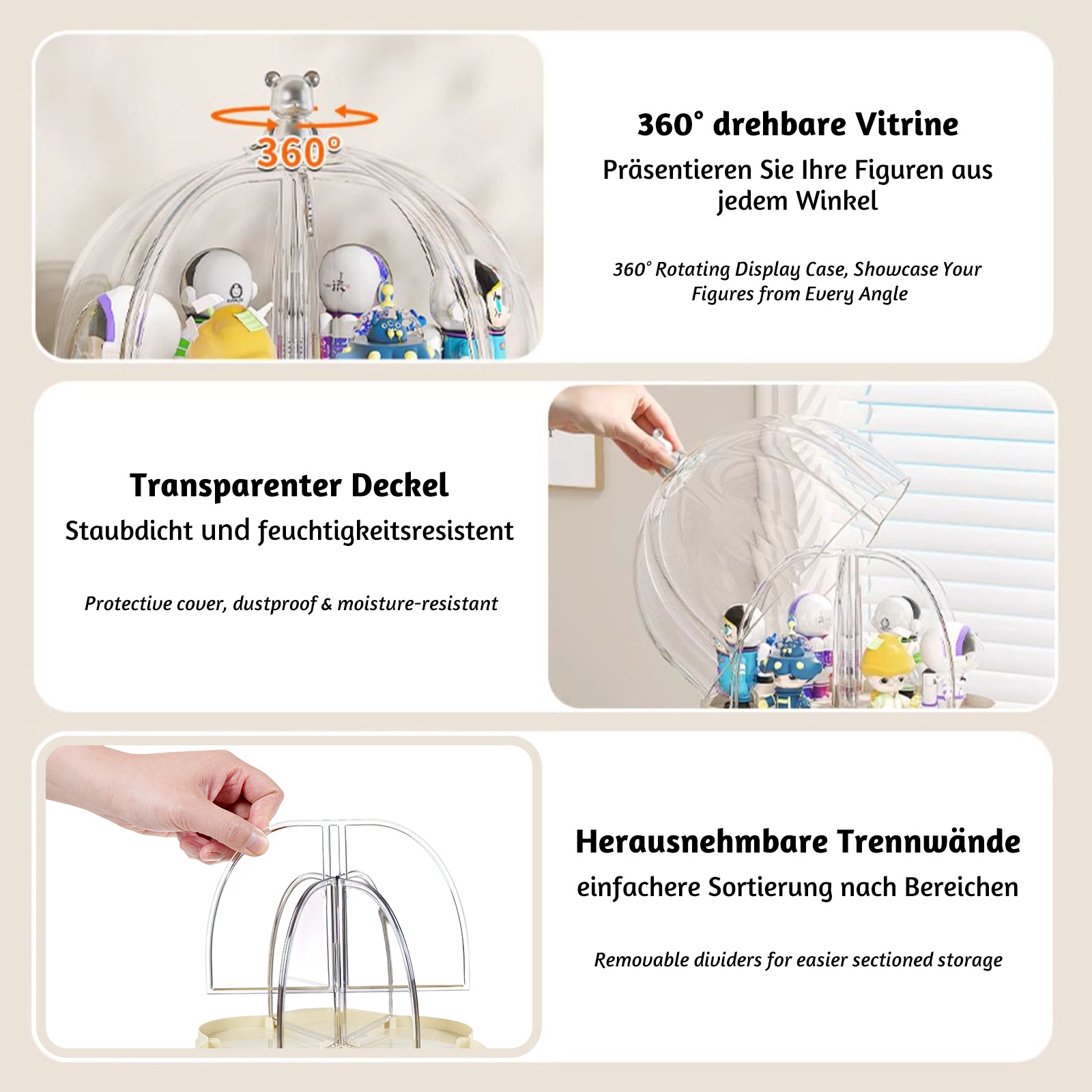 360° Vitrine mit Figuren, transparenter Deckel, herausnehmbare Trennwände.
