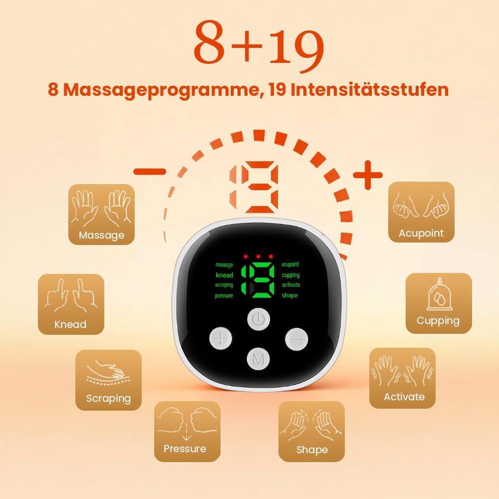 Gerät zeigt 8 Massageprogramme, 19 Intensitätsstufen. Symbole: Massage, Kneten, Schaben, Druck, Form, Akupunktur, Schröpfen, Aktivieren.