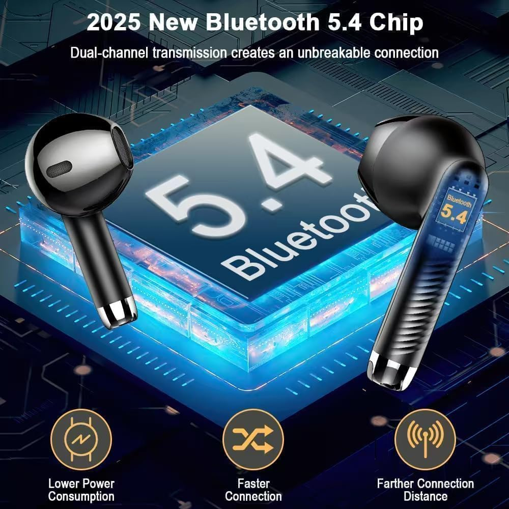 Schwarze Ohrhörer mit Bluetooth 5.4 Chip, geringerem Stromverbrauch, schnellerer Verbindung und größerer Reichweite.