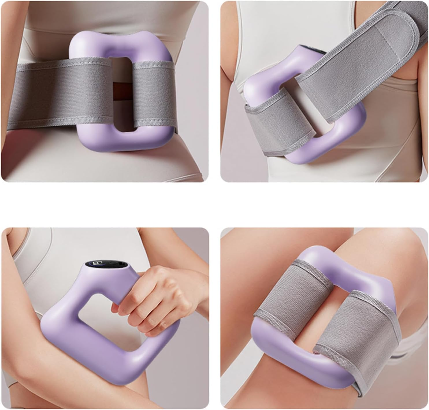 Lila Fitnessgerät mit Grauen Gurten an Taille, Arm und Bein