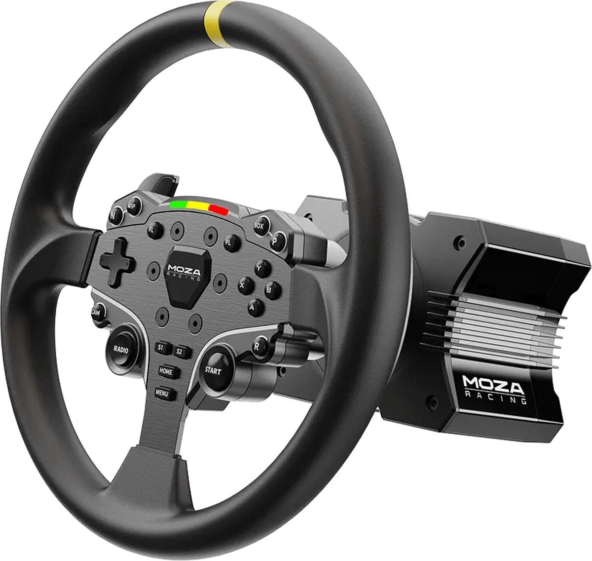 Een Moza Racing stuur met knoppen en een gele streep aan de bovenkant.