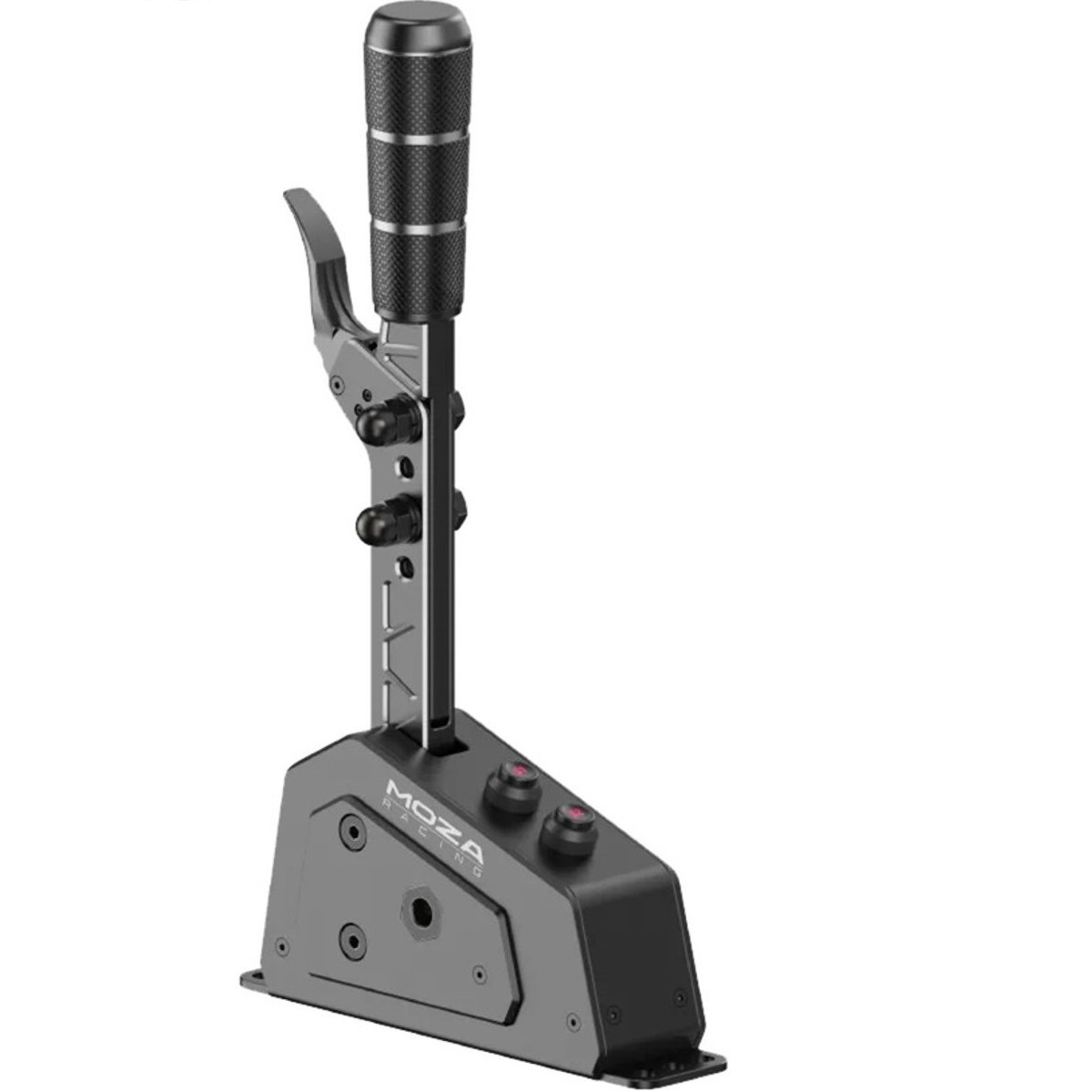 Een grijze racingshifter met zwarte grip en rode knoppen.