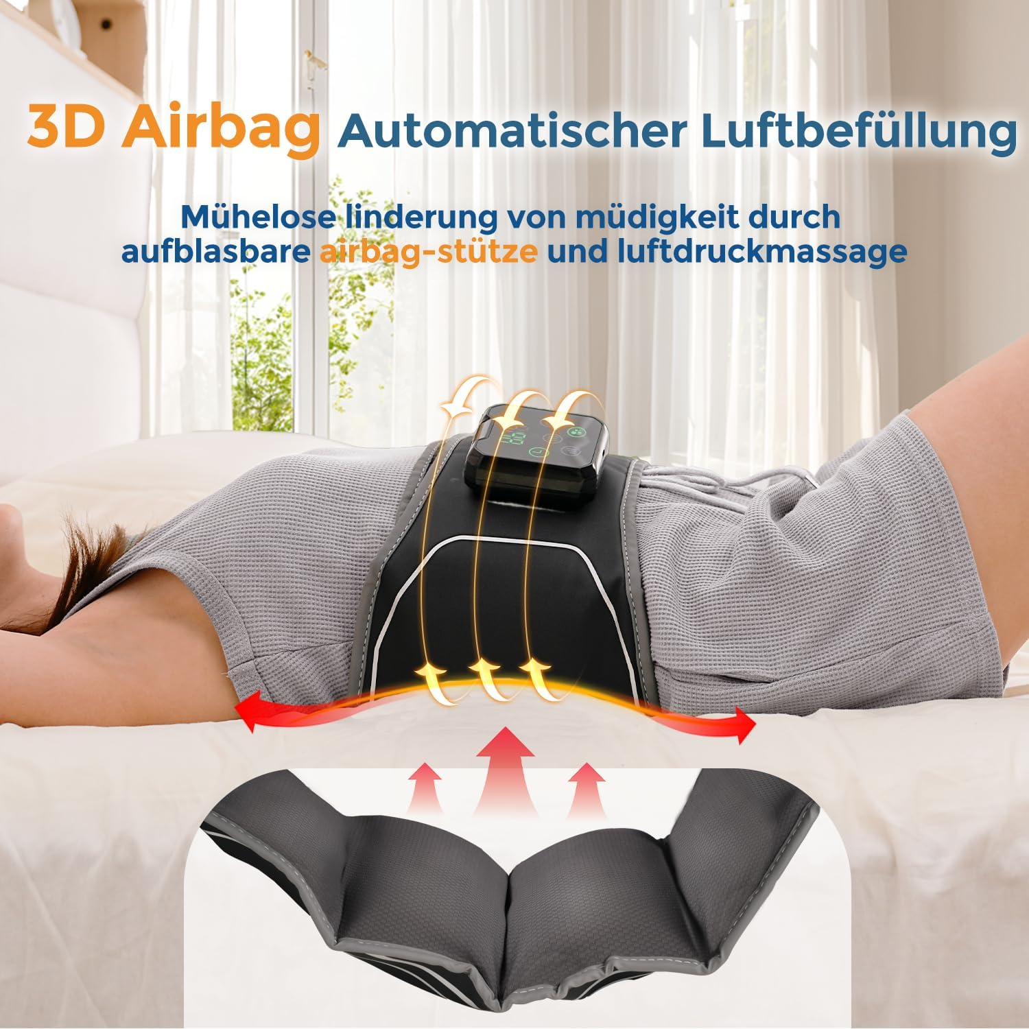 Person auf dem Rücken liegend mit aufblasbarem Airbag-Stützgerät am Bauch.
