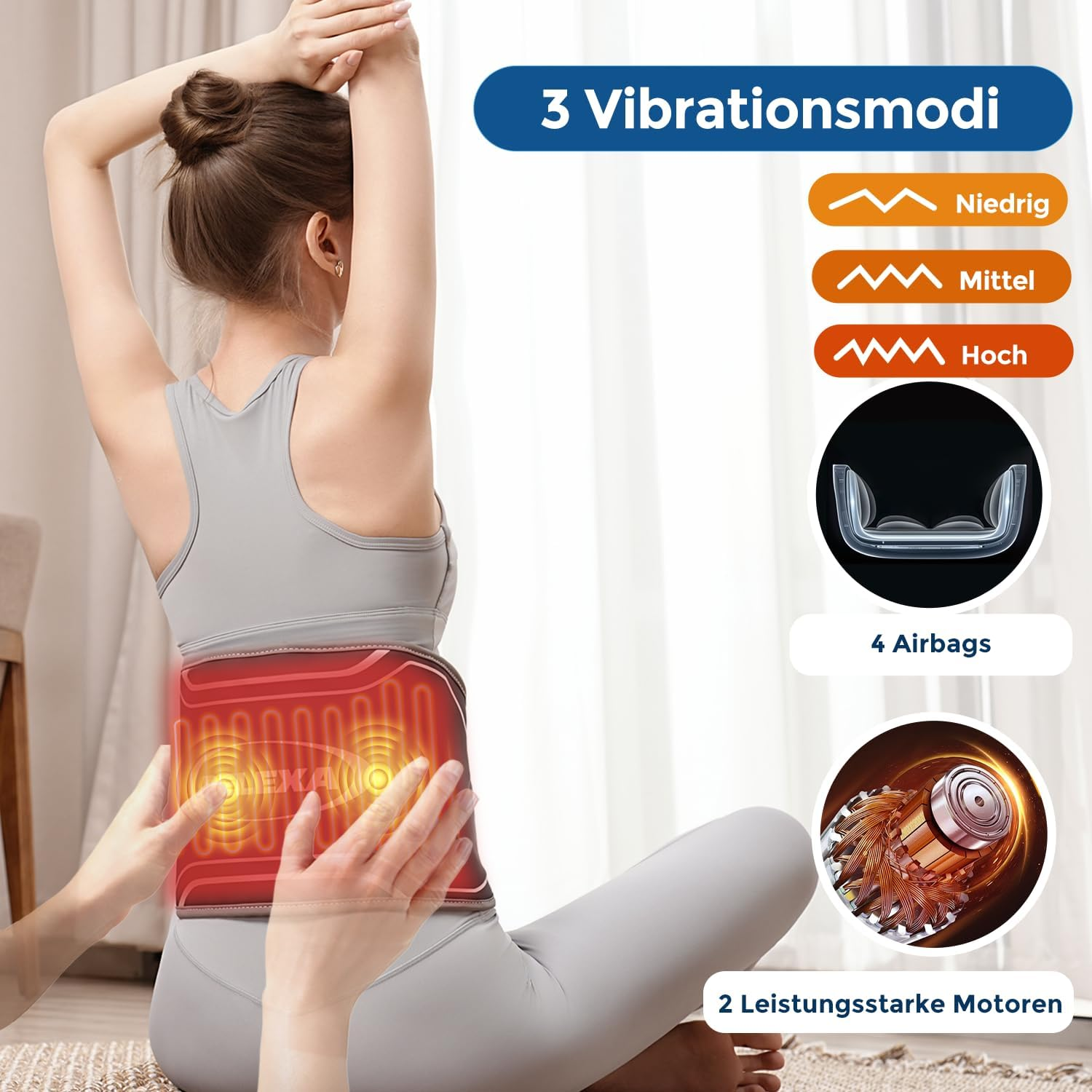 Frau mit Heizgürtel, der 3 Vibrationsmodi, 4 Airbags & 2 Motoren anzeigt.