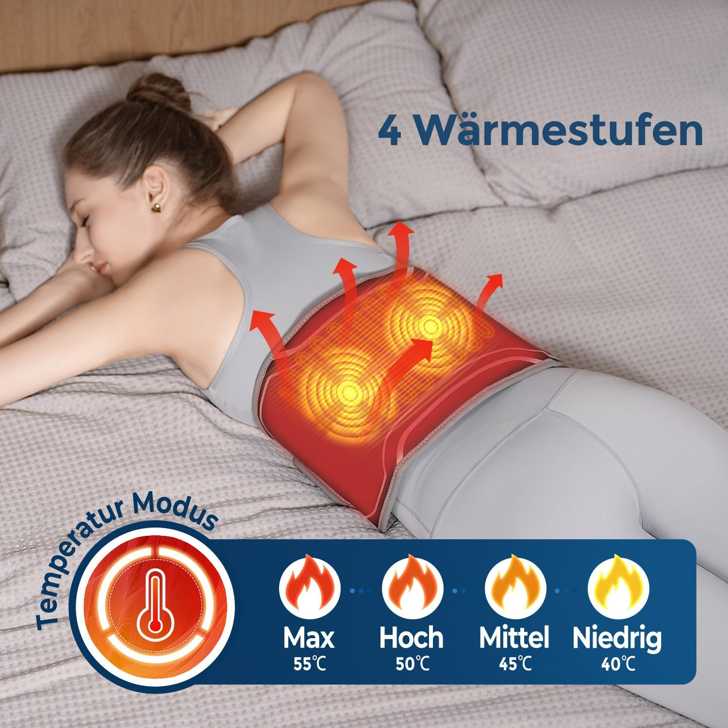 Frau im Bett mit beheiztem Rückengurt, 4 Wärmestufen angezeigt.