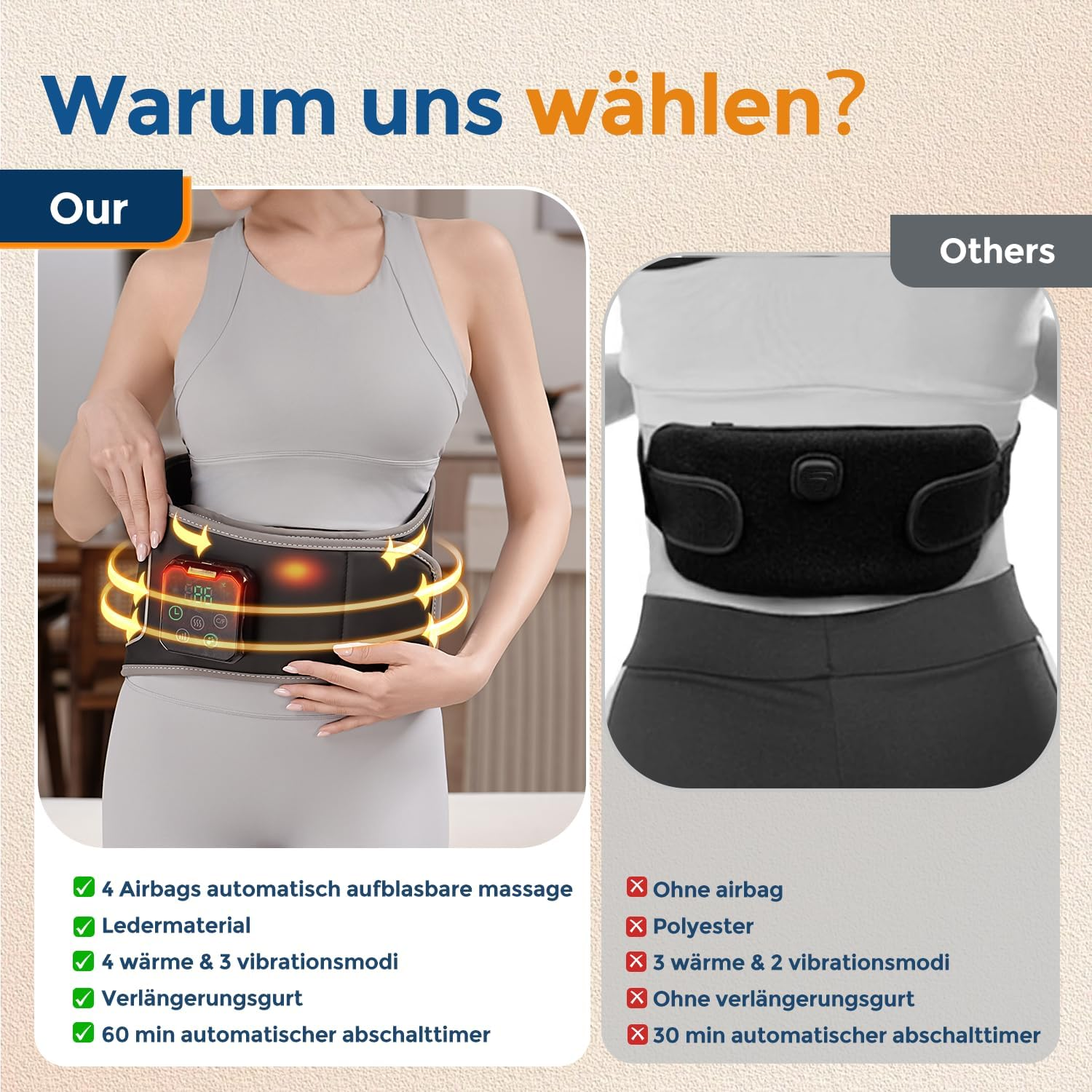Vergleich von zwei Massagegurten: Einer mit 4 Airbags und Leder, der andere ohne.