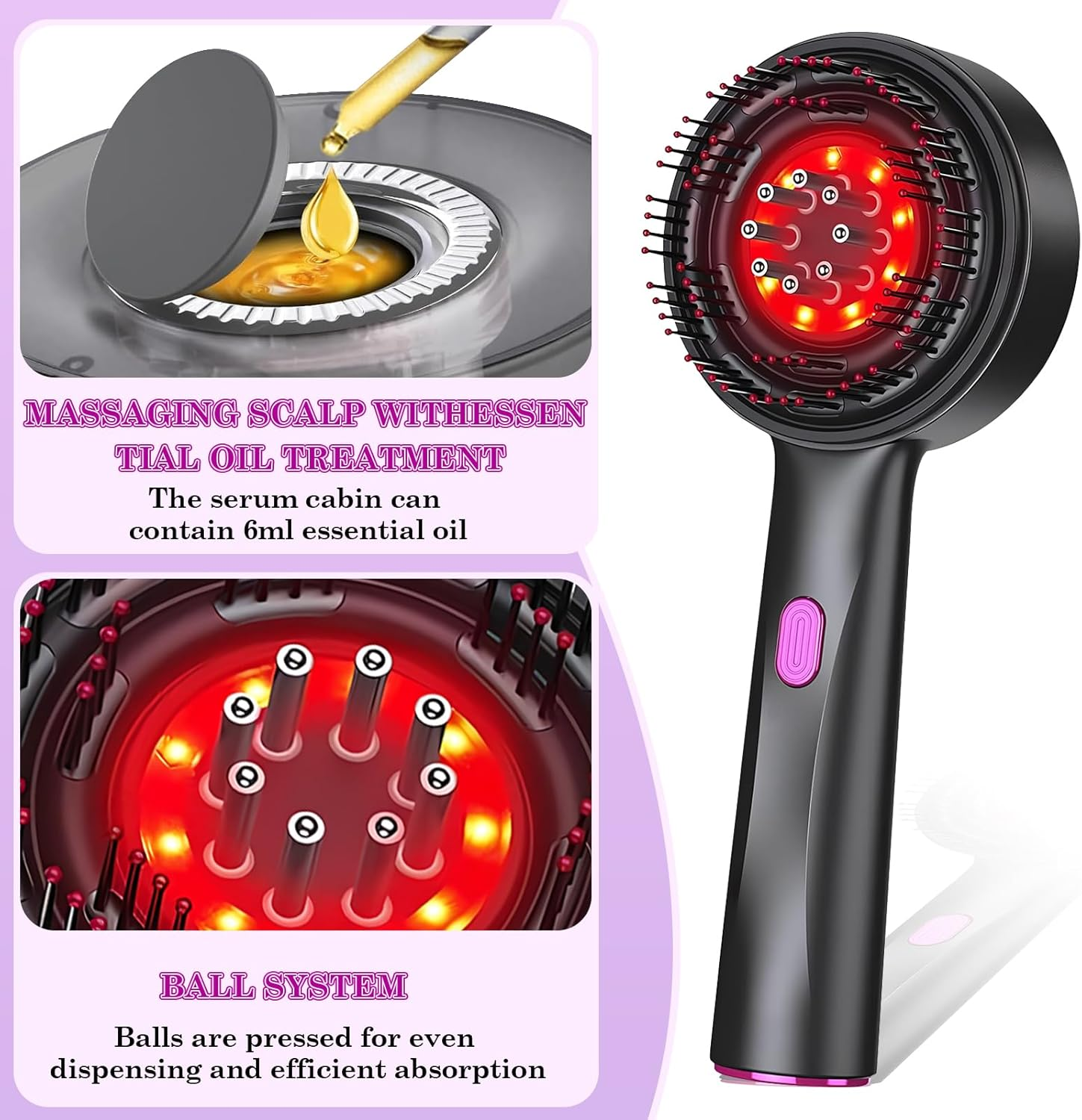 Ein Massagegerät für die Kopfhaut mit Ölbehandlung, rotem Licht und einem Ballsystem.