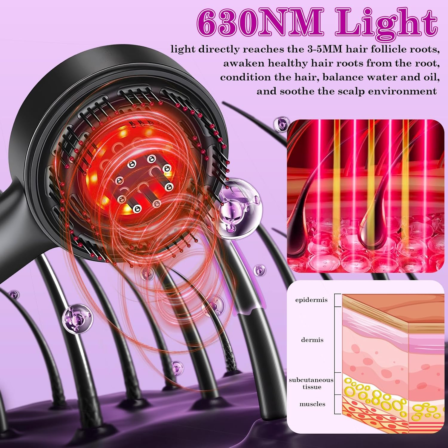 Nahaufnahme eines Haarfollikels mit 630-nm-Lichttherapie, das die Hautschichten zeigt.