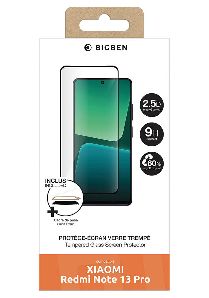 Protecteur d'écran Bigben pour Xiaomi Redmi Note 13 Pro, avec cadre.