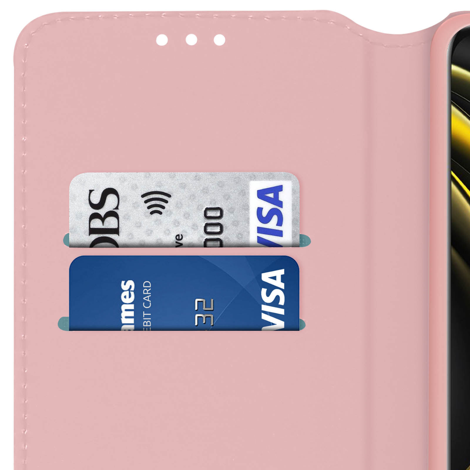 Custodia rosa per telefono con due fessure per carte, ognuna contenente una carta di credito.