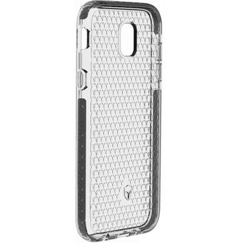 Custodia trasparente per telefono con motivo a nido d'ape e ritagli per fotocamera e pulsanti.