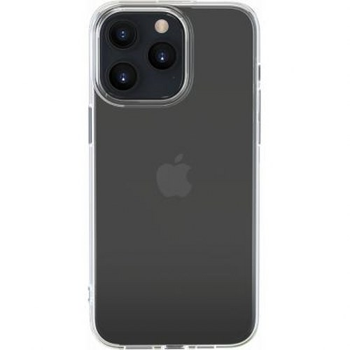 Una custodia trasparente per iPhone con tre fotocamere e logo Apple.
