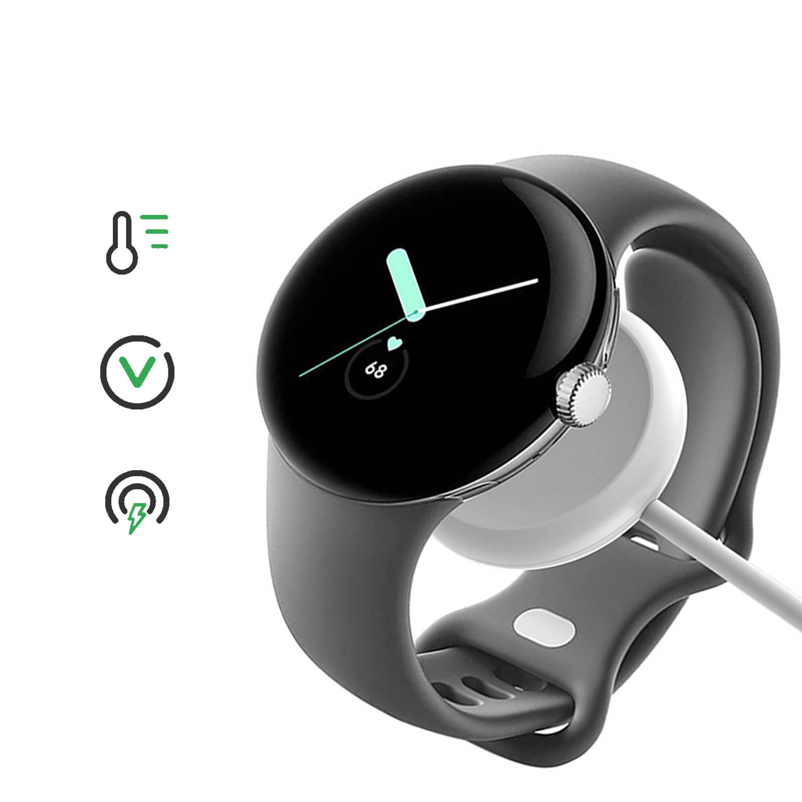 Un reloj inteligente se está cargando. Iconos a la izquierda: temp, check, rayo.
