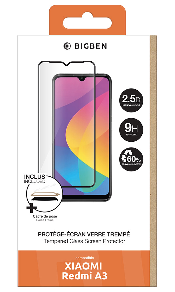 Emballage de protection d'écran pour Xiaomi Redmi A3 avec cadre d'installation.