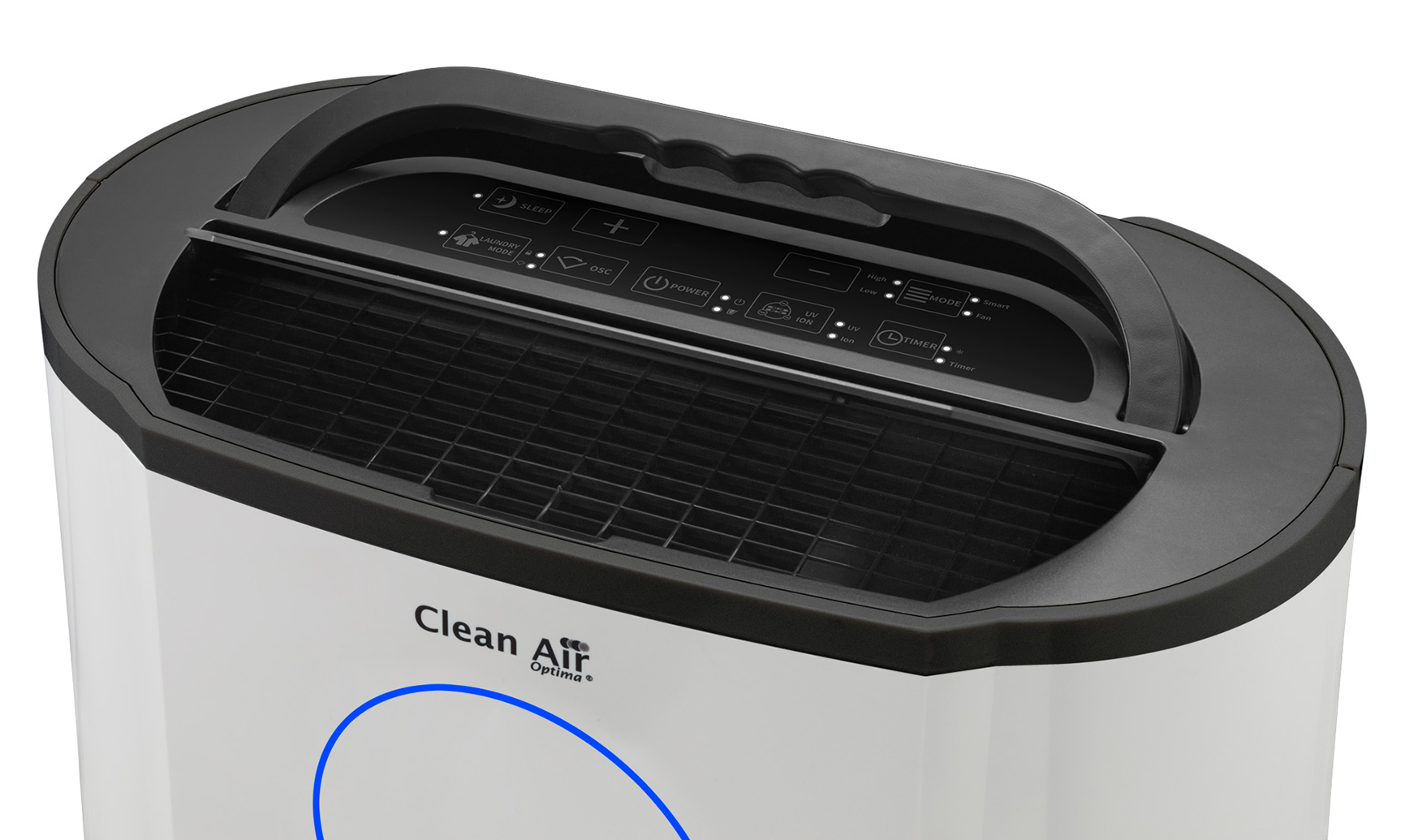Un purificatore d'aria bianco con pannello di controllo e maniglia neri. Etichetta: Clean Air Optima.