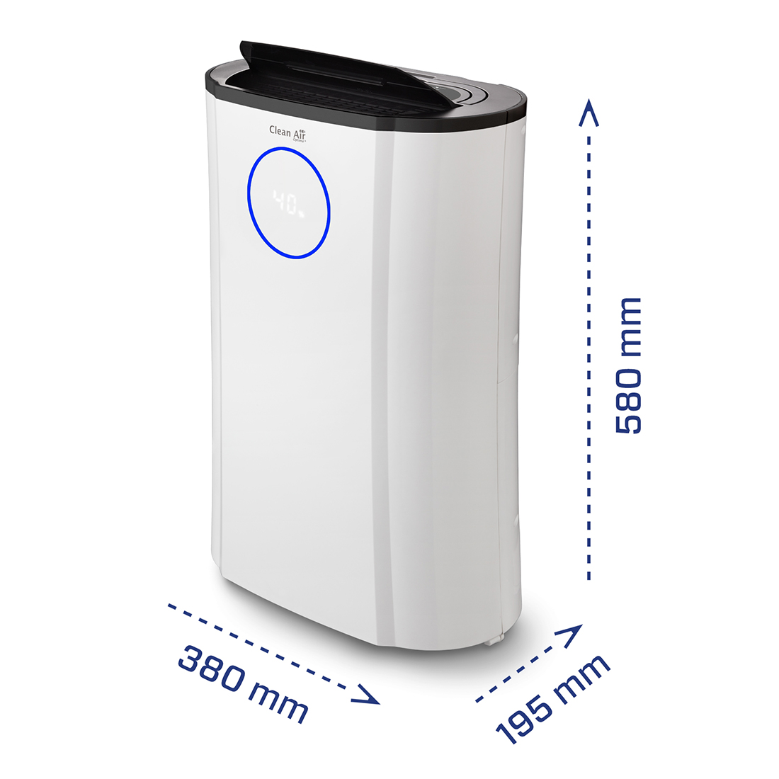 White air purifier with digital display, dimensions 380x195x580 mm.