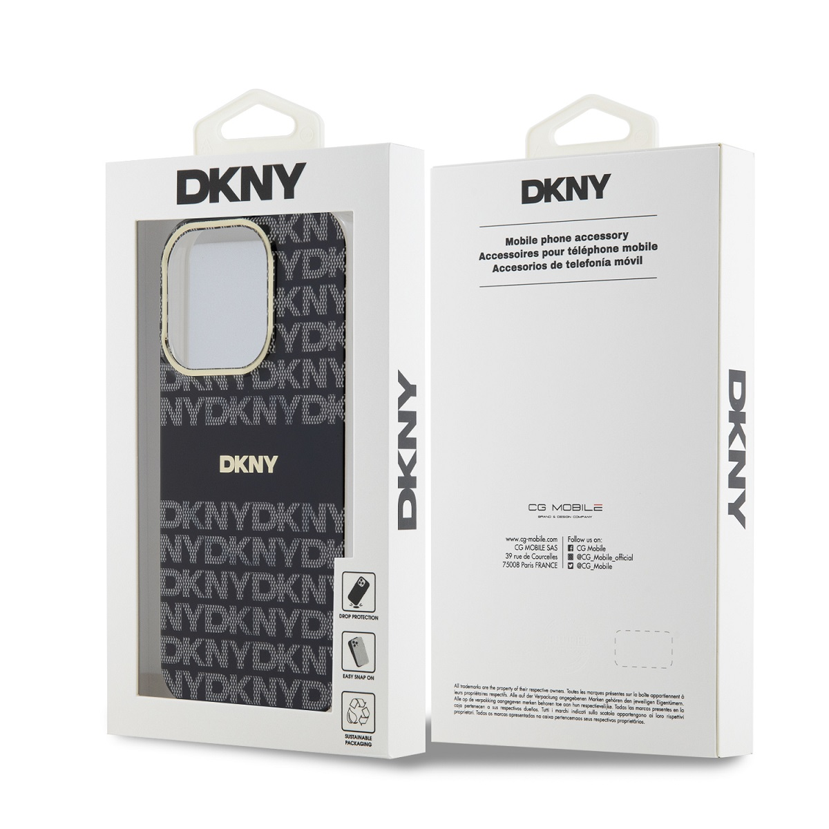 Custodia per telefono DKNY in confezione con logo e motivo.