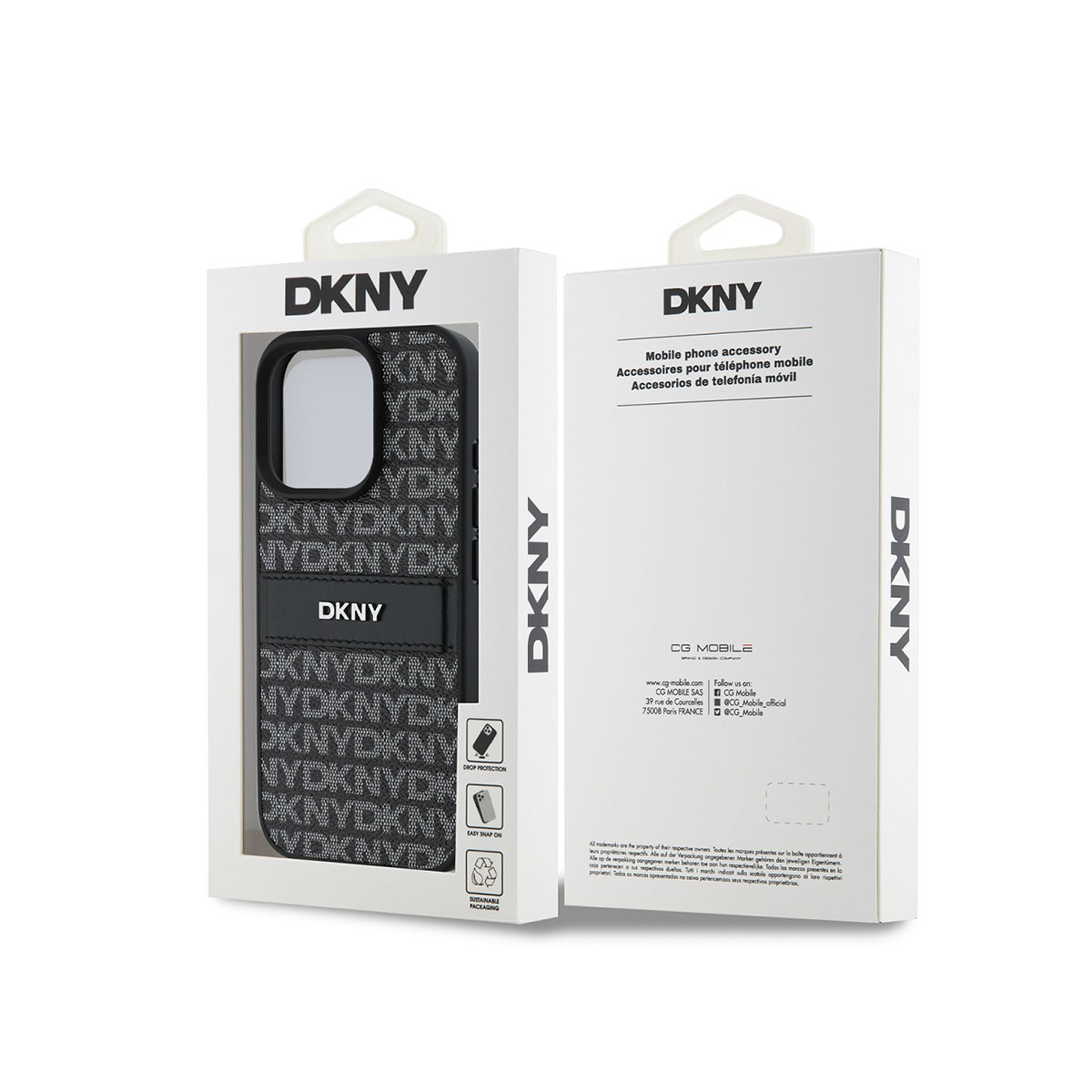 Custodia per telefono DKNY con monogramma e cinturino nero, in confezione.