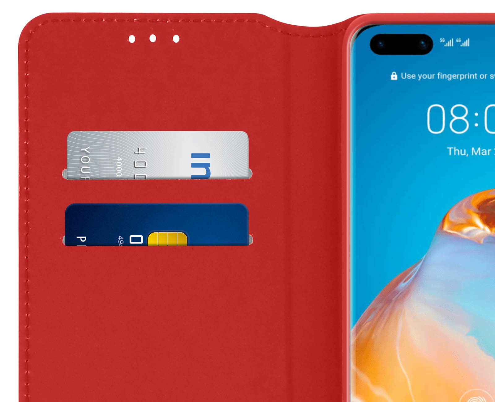 Custodia rossa per telefono con slot per carte e smartphone orizzontale.