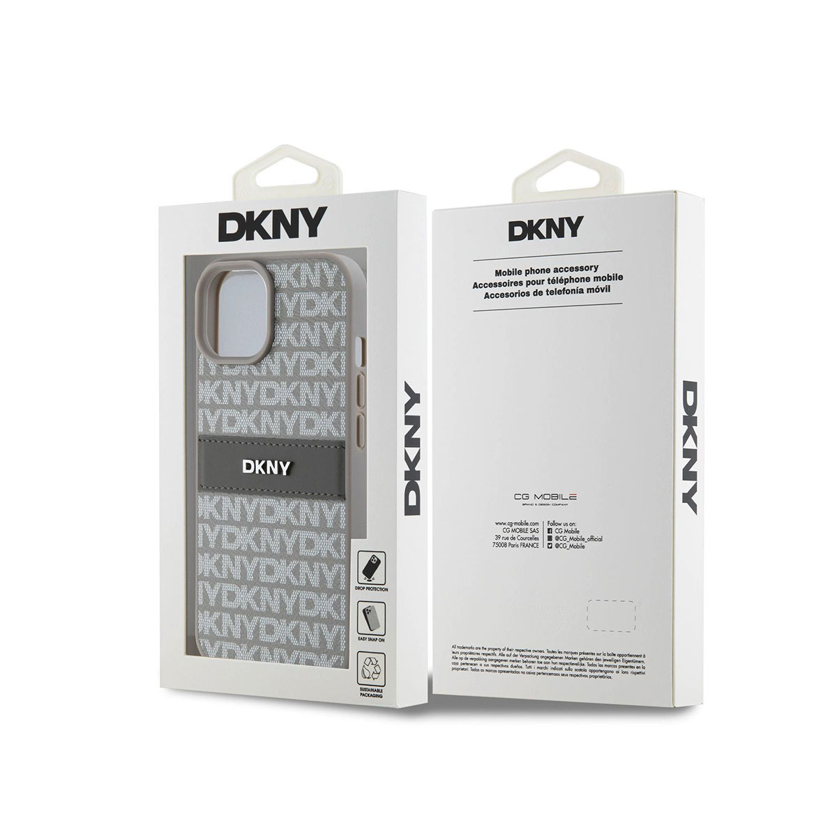 Confezione con custodia per telefono DKNY, grigia con motivo logo bianco.