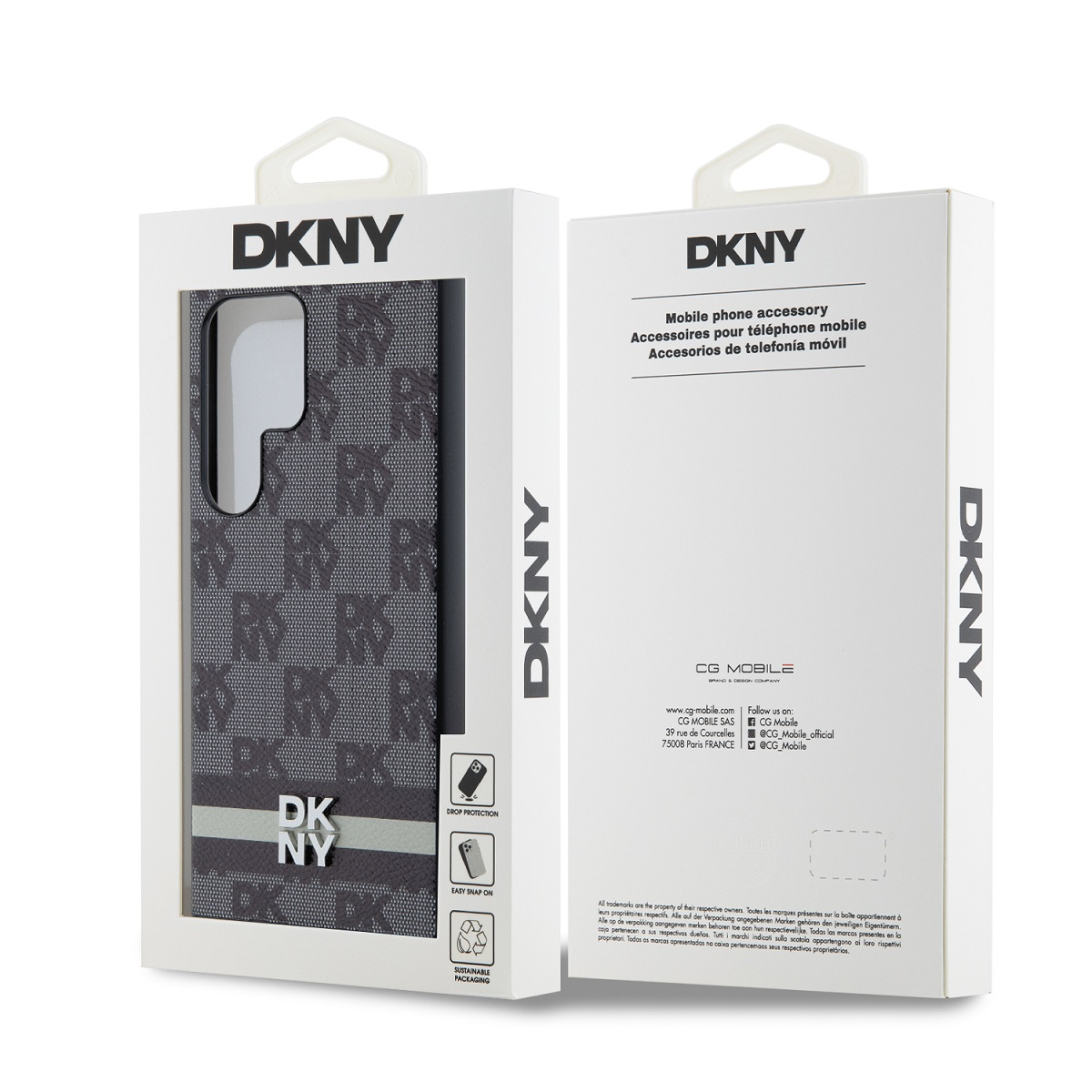 Custodia DKNY grigia con motivo monogramma, confezione a lato.