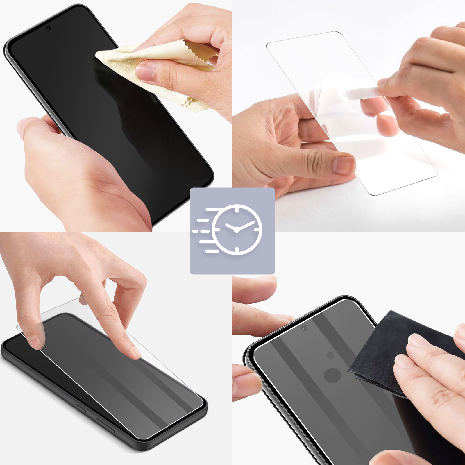 Pulizia e applicazione della protezione schermo su smartphone.