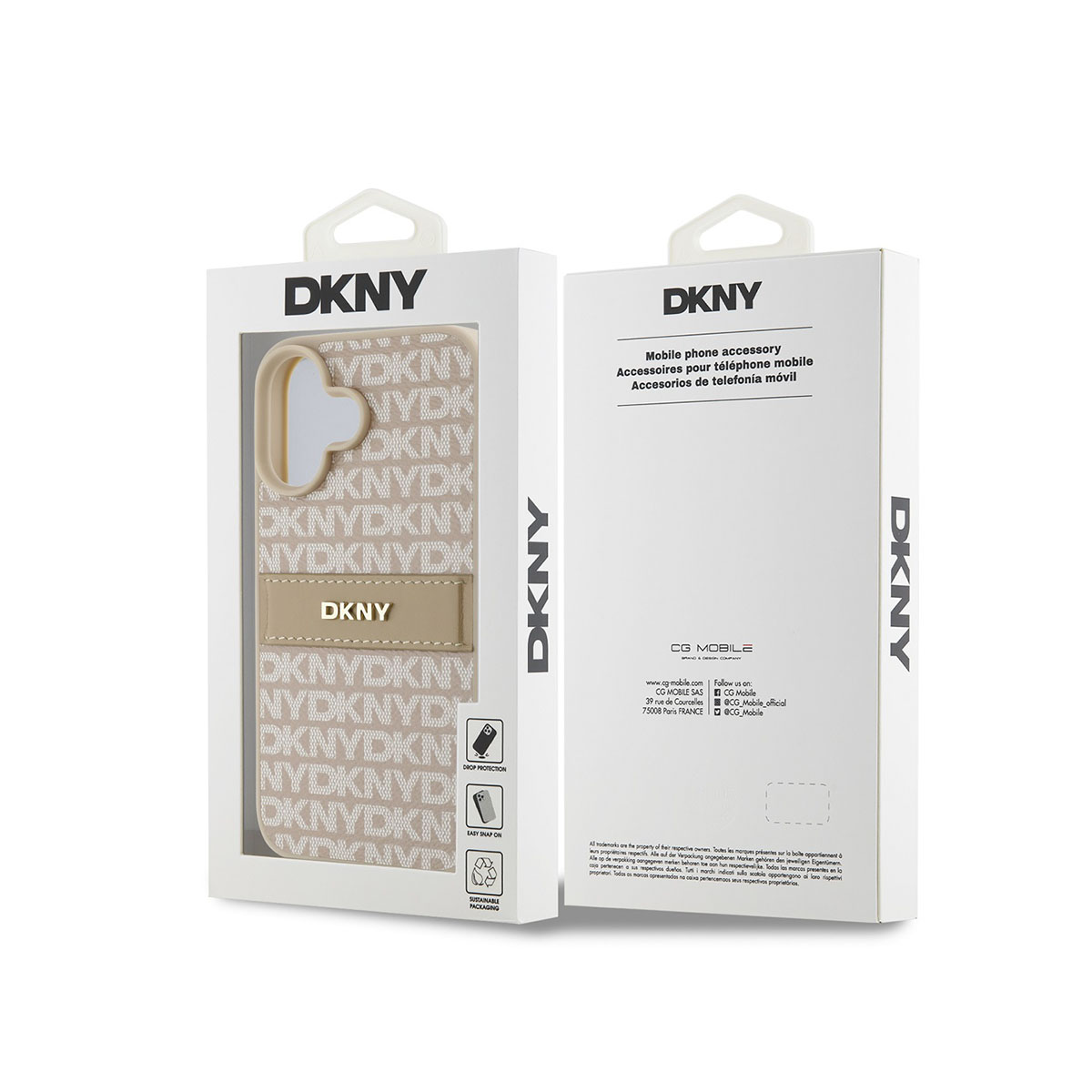 Confezione custodia telefono DKNY con motivo logo DKNY ripetuto e info prodotto.