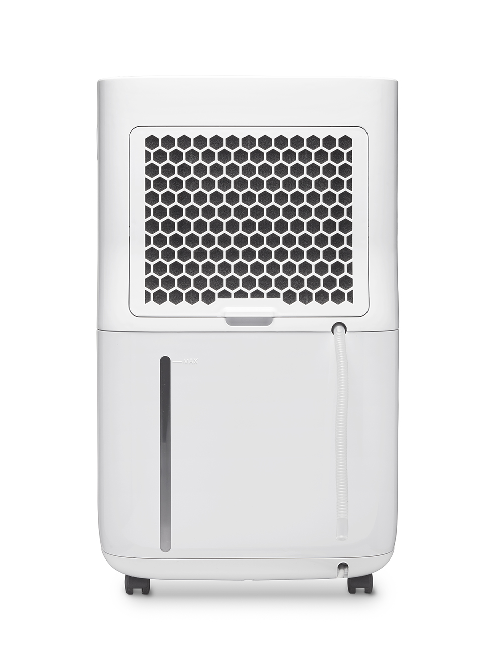 A white dehumidifier with honeycomb grille and water level indicator.