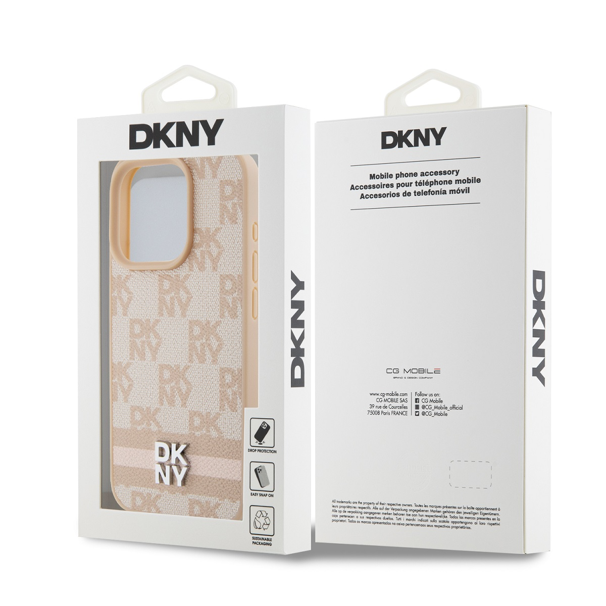 Una custodia per telefono DKNY beige con motivo logo e strisce.