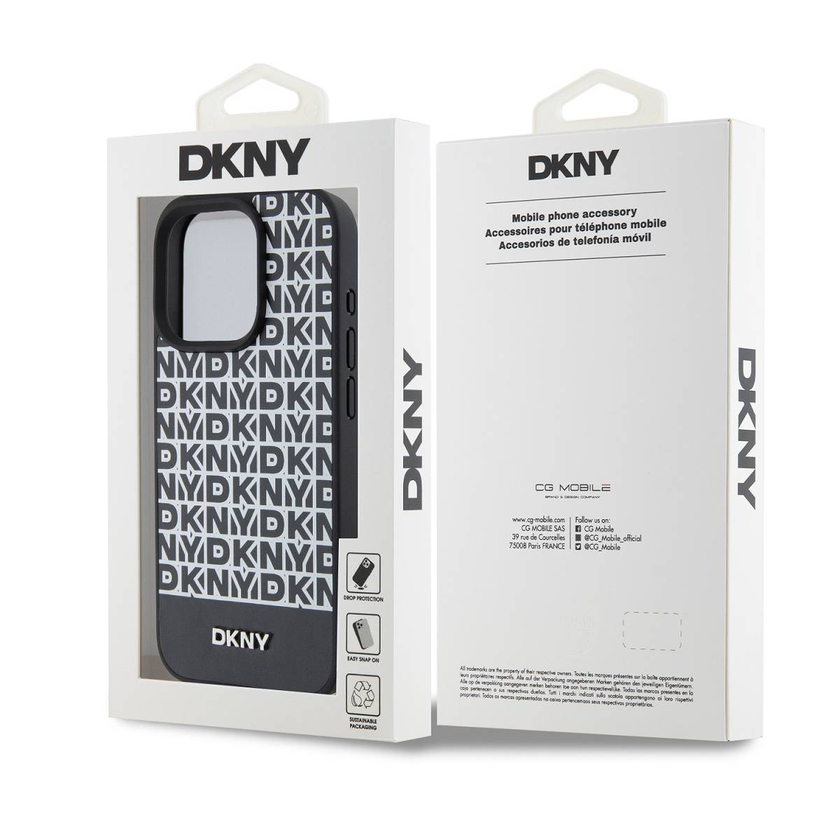 Confezione custodia telefono DKNY con motivo DKNY ripetuto e informazioni prodotto.