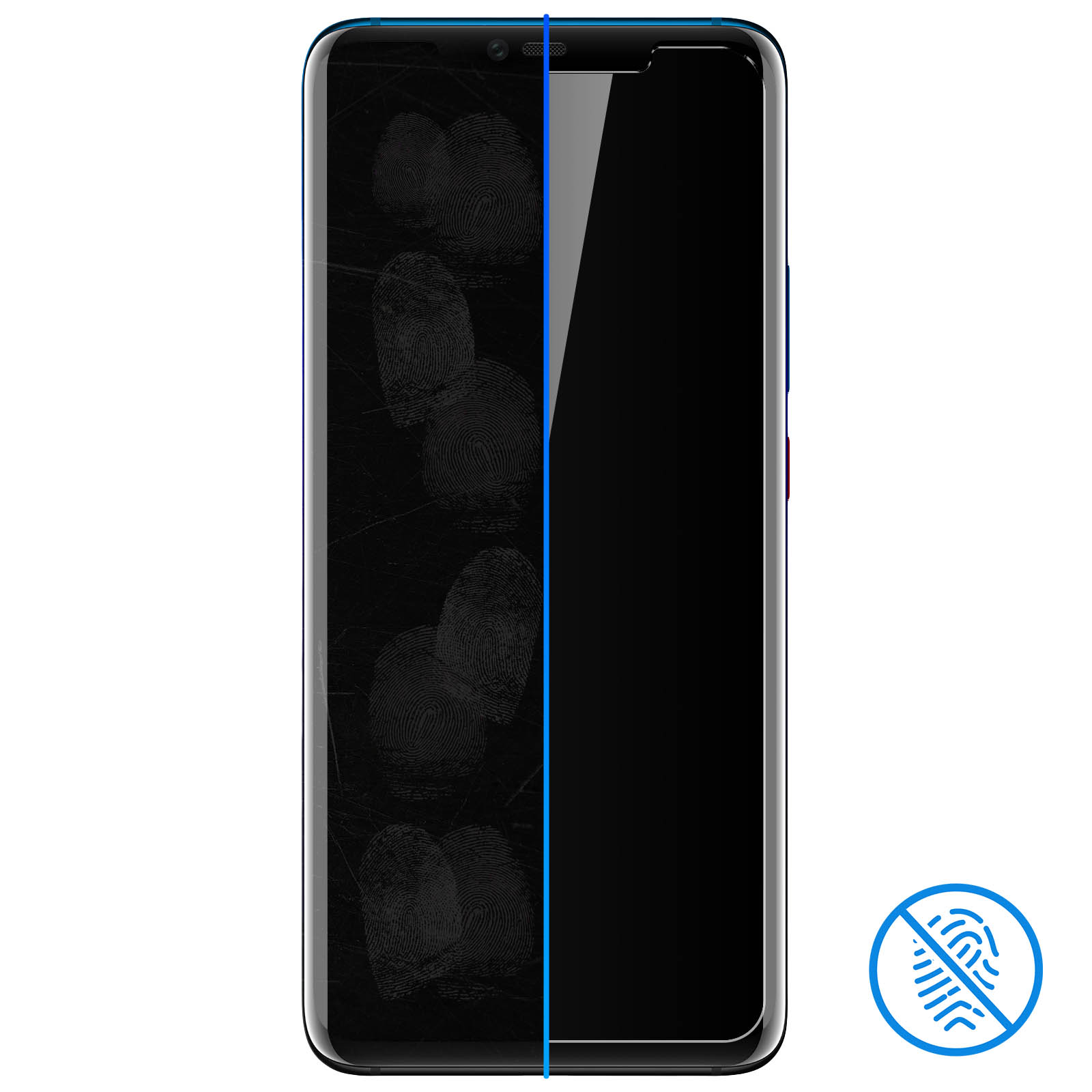 Uno smartphone nero con impronte digitali sulla metà sinistra dello schermo.
