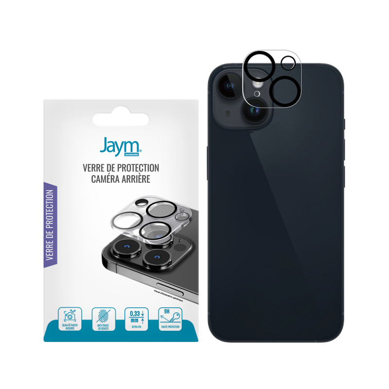 Confezione e retro di uno smartphone scuro con protezione fotocamera.