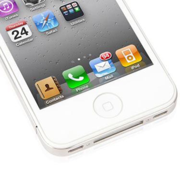 Uno schermo bianco di iPhone mostra le icone delle app: Calendario, Safari, Mail e iPod.