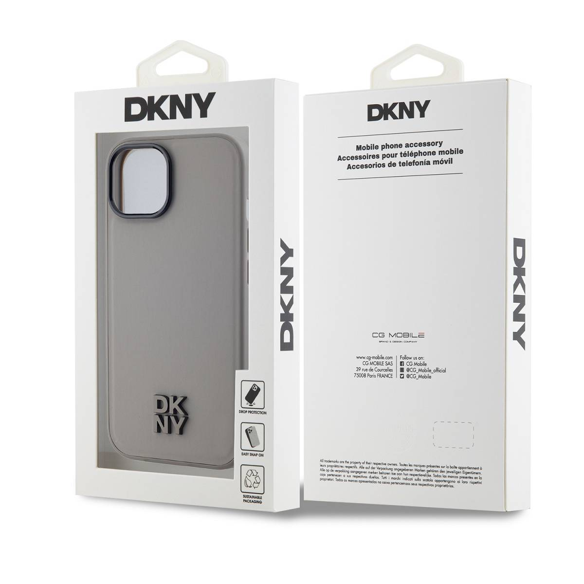 Custodia grigia DKNY per telefono in confezione con icone protezione e sostenibilità.