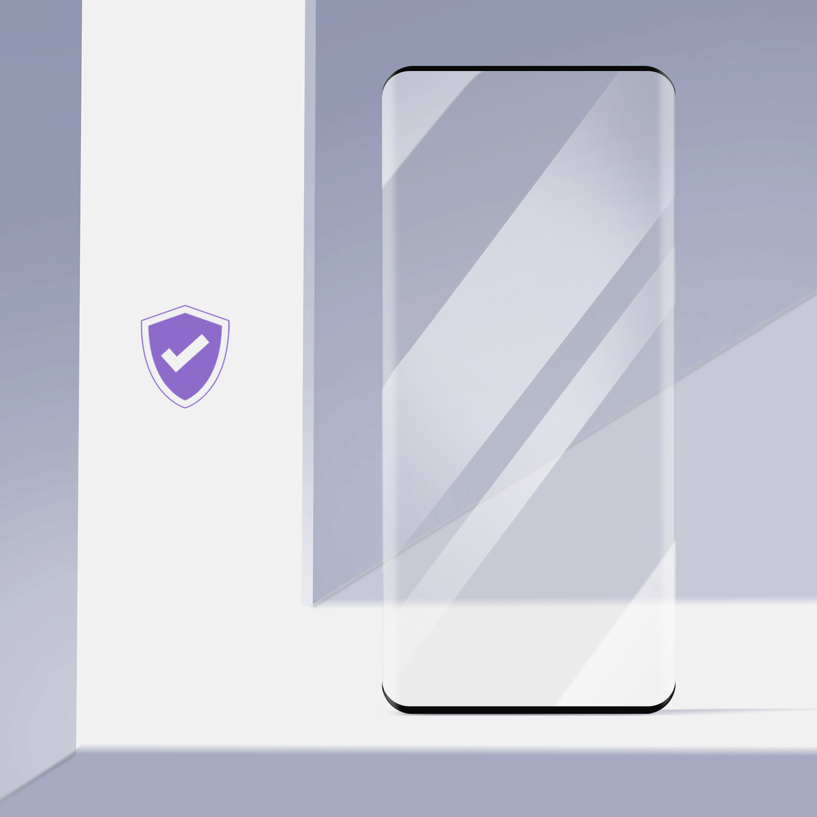 Uno scudo per smartphone con un segno di spunta su un piedistallo bianco.