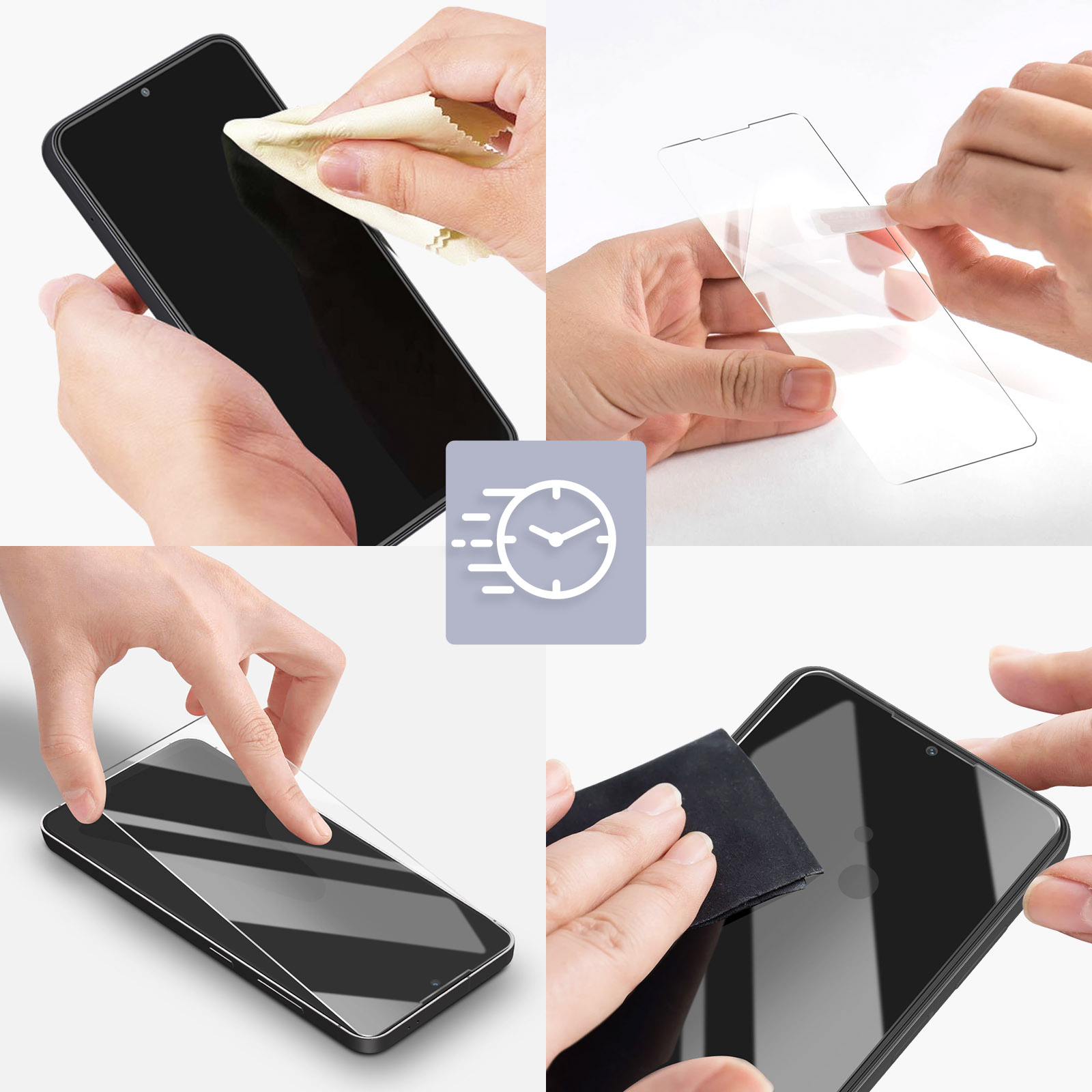 Quattro immagini mostrano l'applicazione di una protezione per schermo su smartphone.