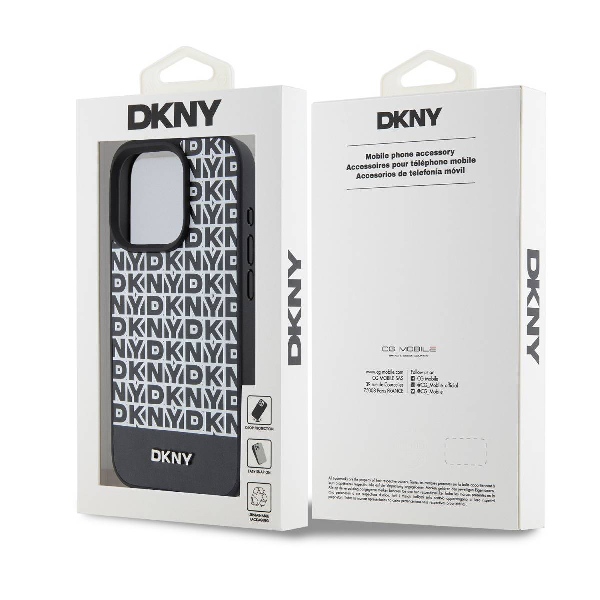 Custodia per telefono DKNY in confezione con motivo logo DKNY ripetuto.