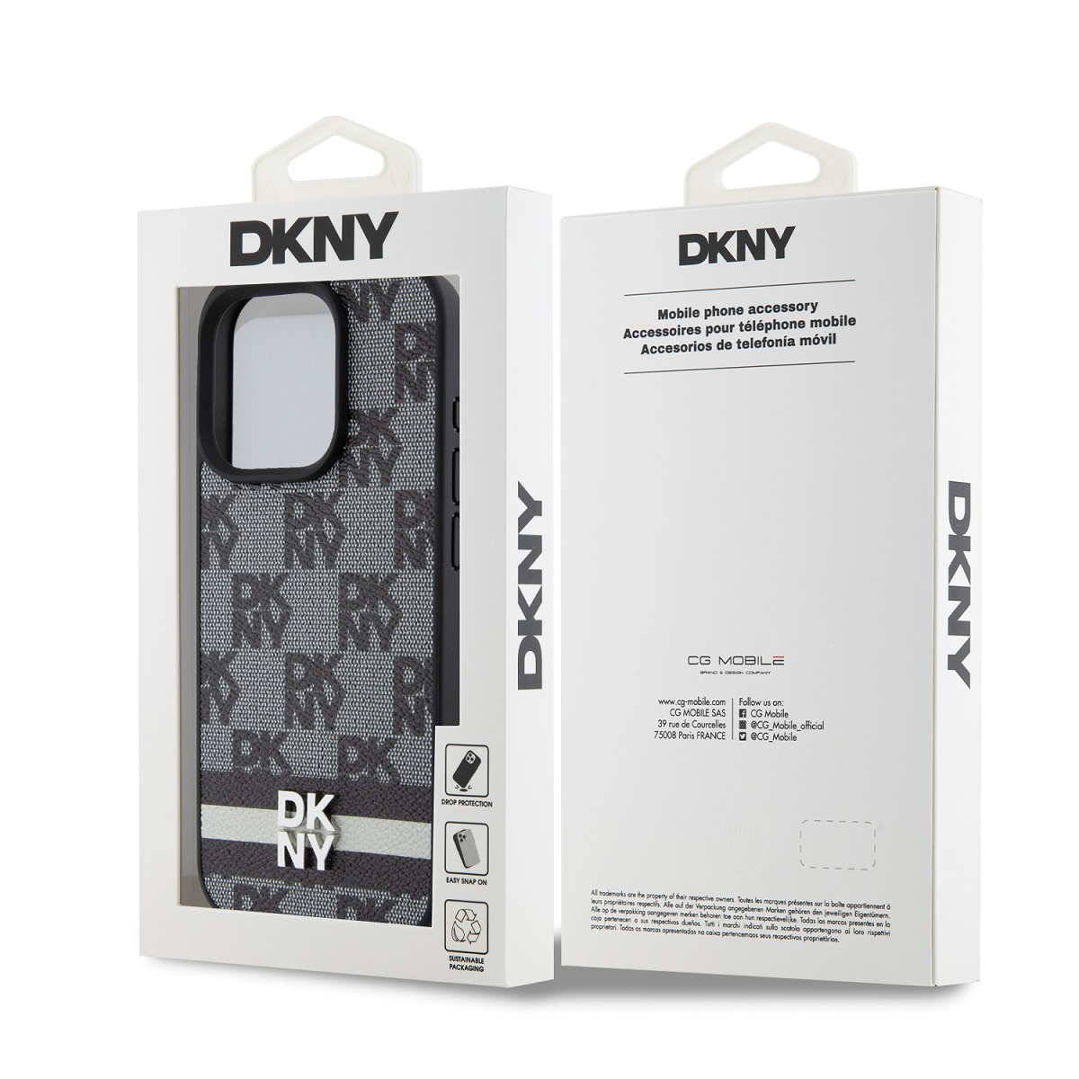 Custodia per telefono DKNY con motivo monogramma grigio e bianco su confezione bianca.