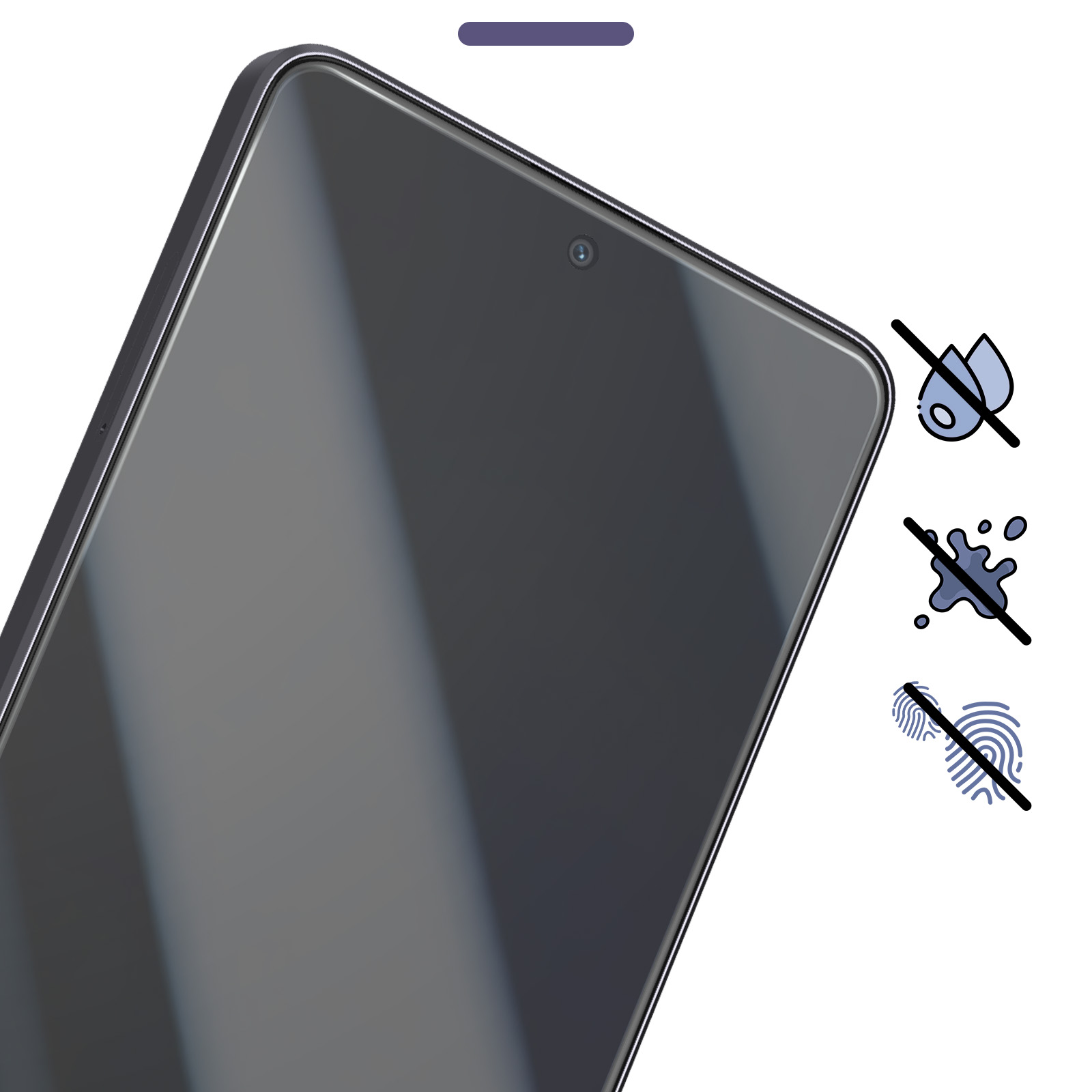 Primo piano di uno schermo scuro di smartphone con tre icone: niente acqua, niente schizzi, niente impronte.