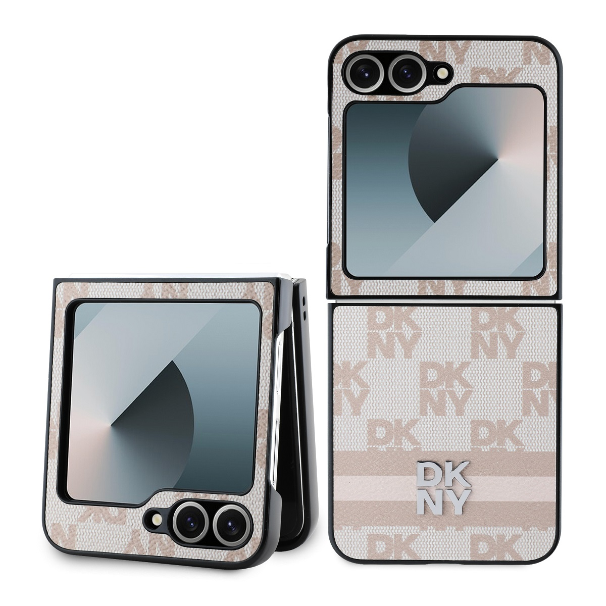 Uno smartphone aperto con motivo logo DKNY e due fotocamere.
