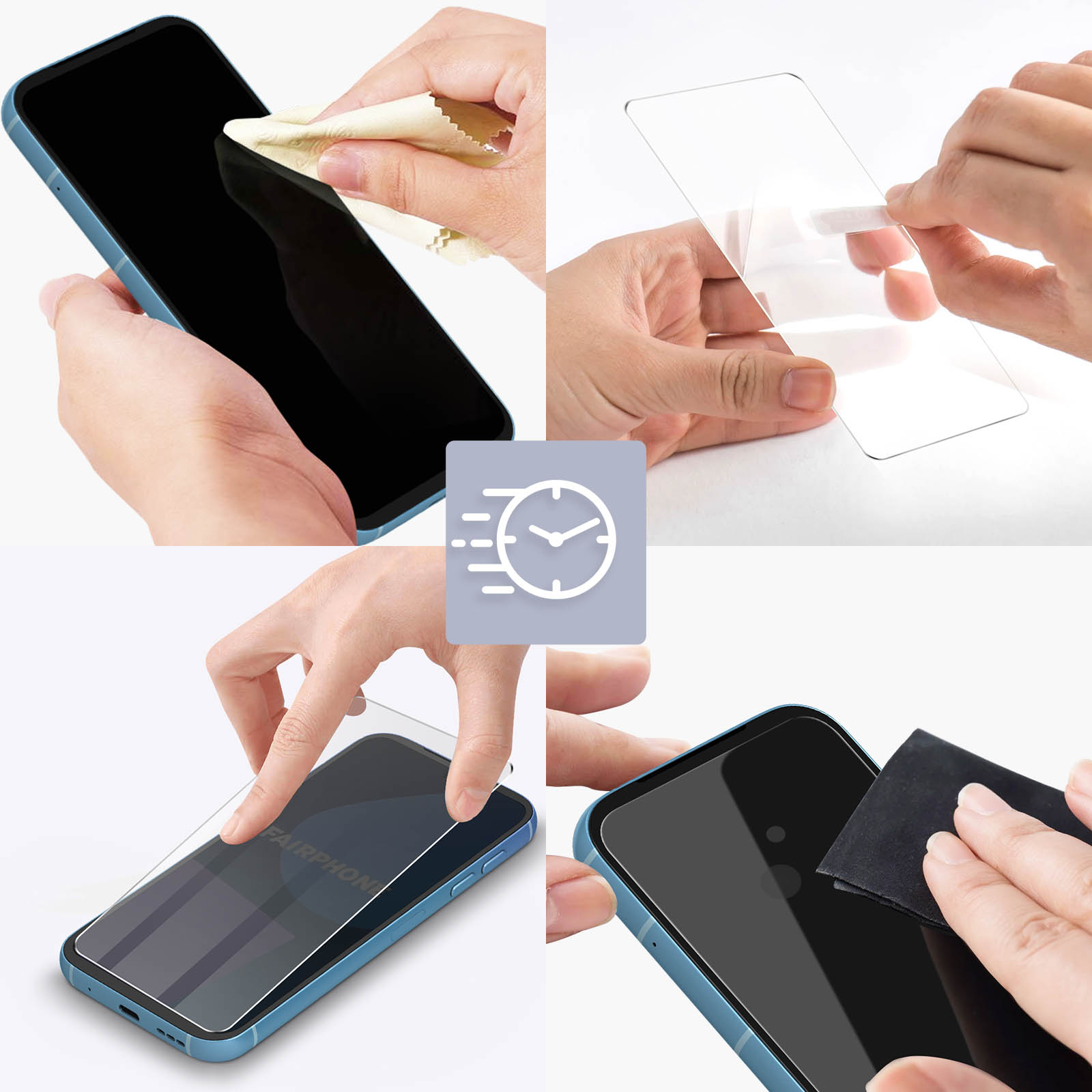 Uno schermo di smartphone viene pulito e viene applicata una pellicola protettiva.