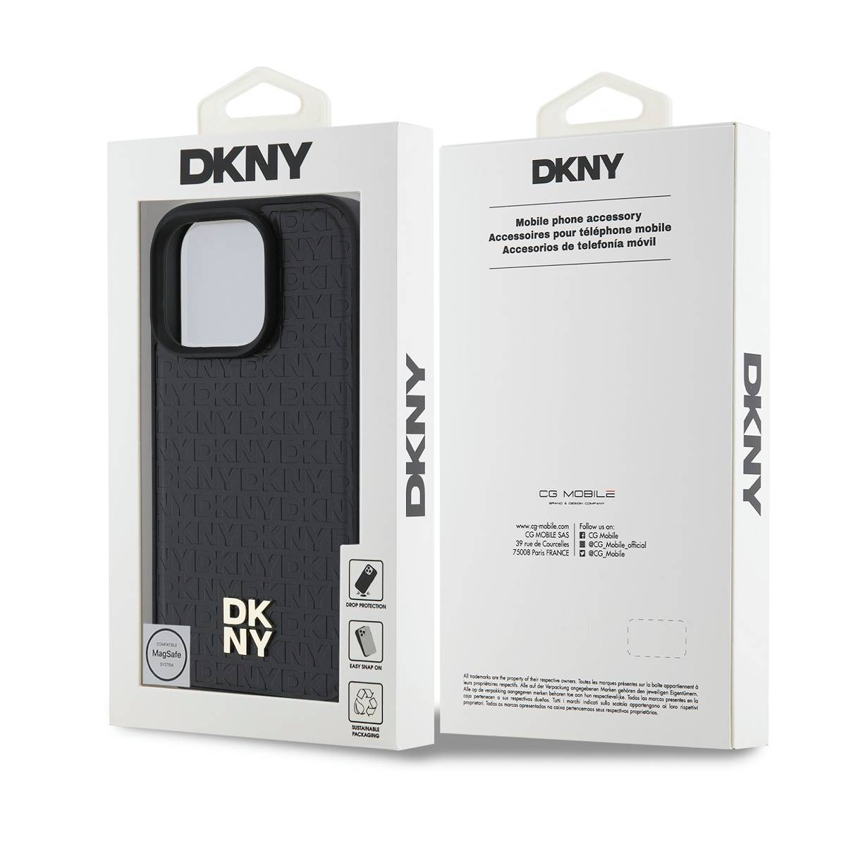 Confezione per cover nera DKNY con motivo DKNY e logo MagSafe.