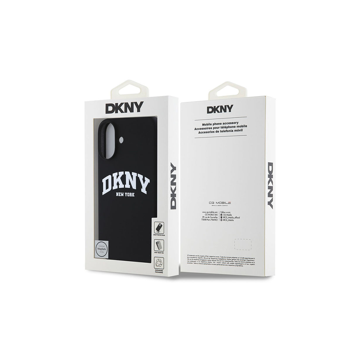 Custodia nera DKNY con logo "DKNY NEW YORK" su confezione bianca.