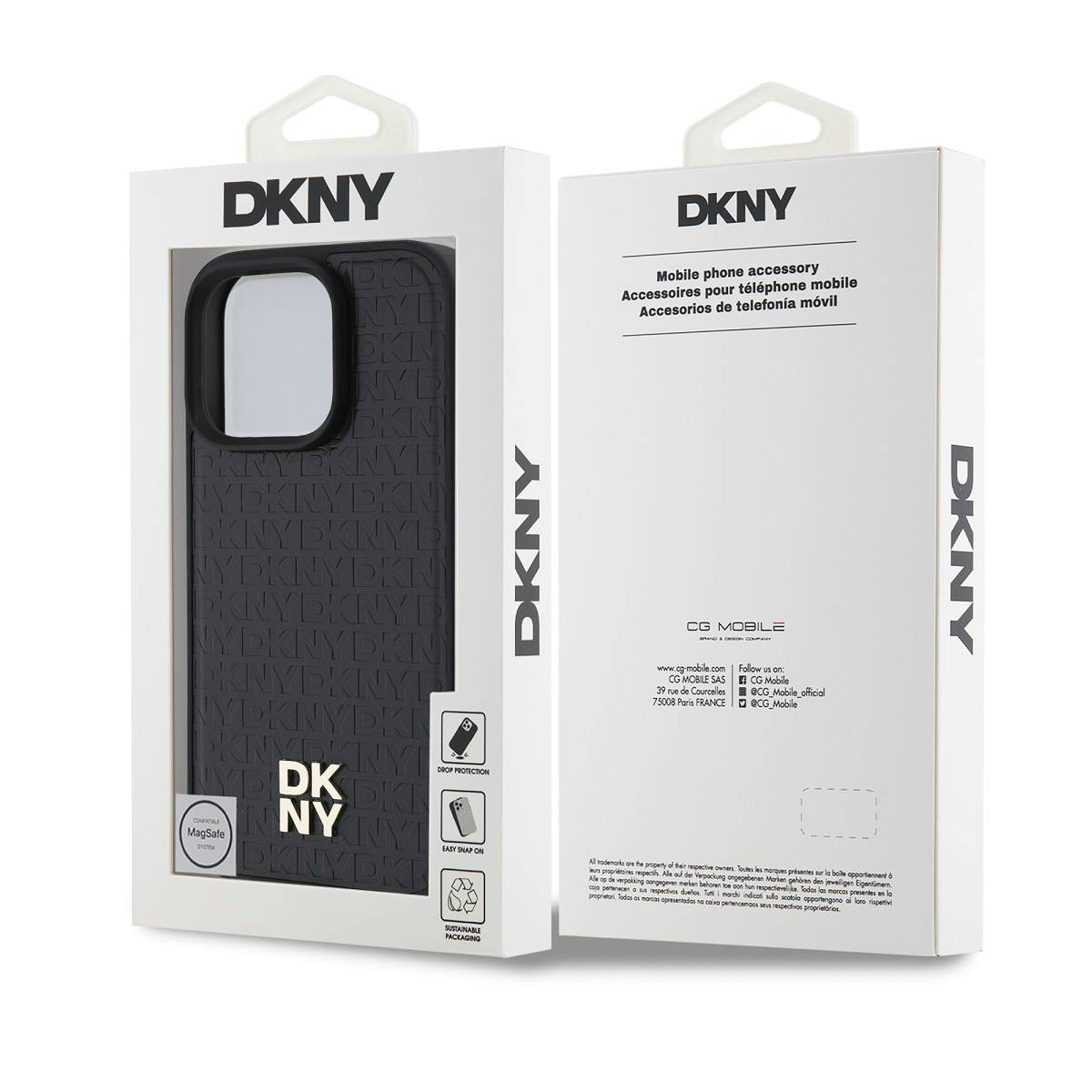 Confezione per cover iPhone DKNY nera con motivo DKNY ripetuto.