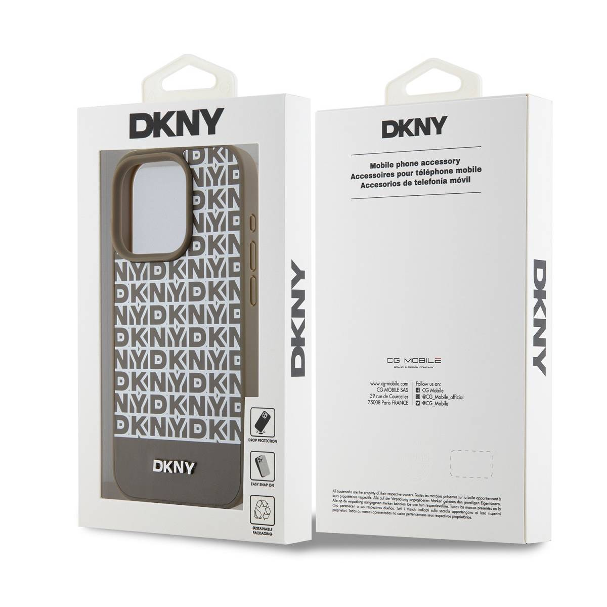 Confezione cover DKNY con logo DKNY ripetuto e immagine prodotto.