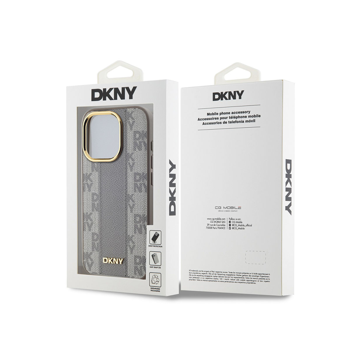 Custodia grigia DKNY per telefono con motivo monogramma e cornice dorata.