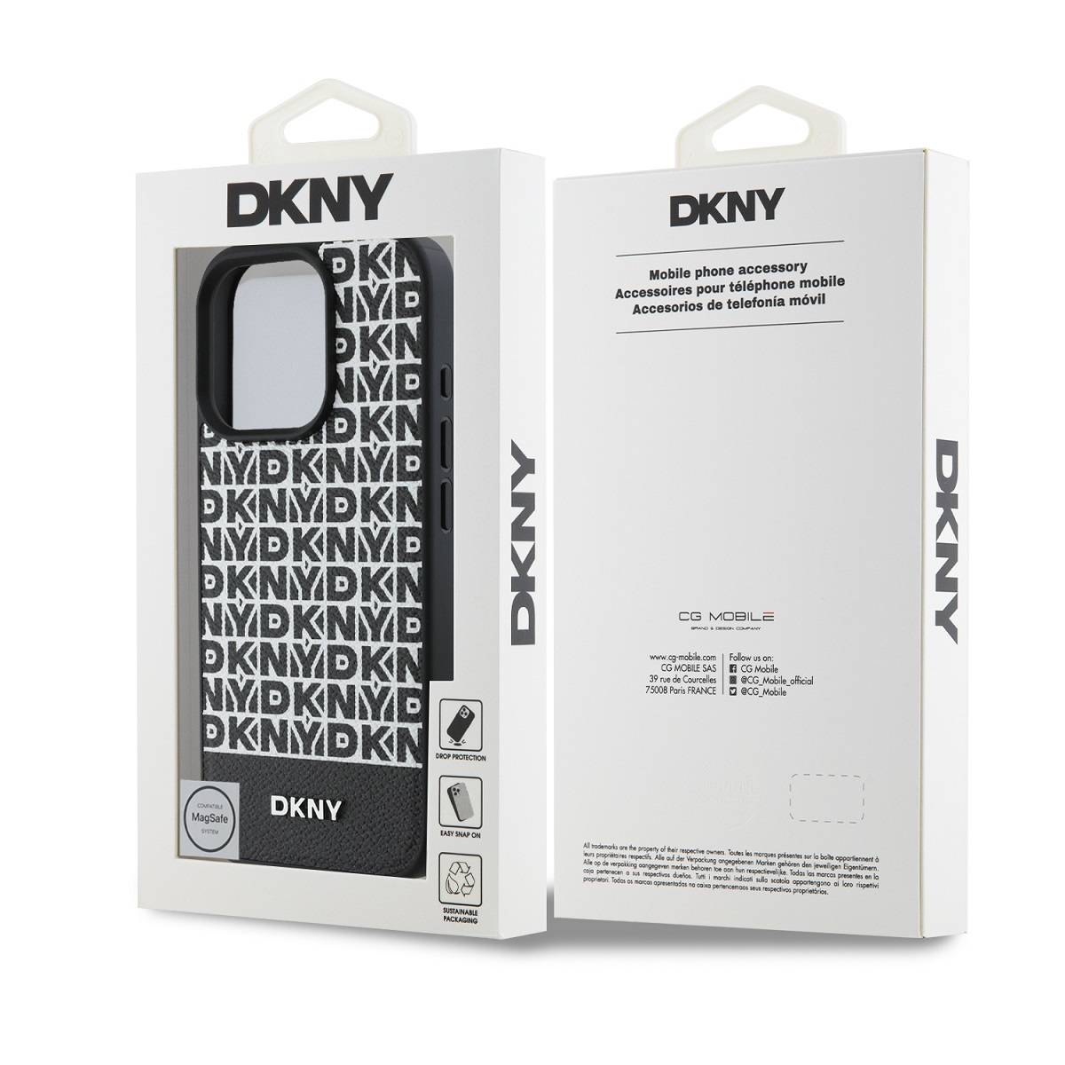 Custodia DKNY in confezione, fantasia nera, compatibile MagSafe.