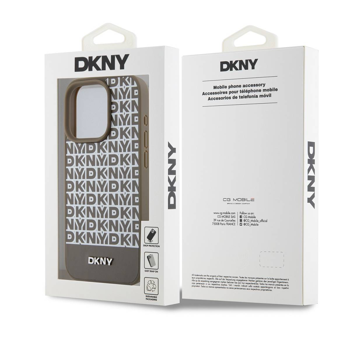 Custodia per telefono DKNY in confezione con logo e stampa.